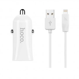 Блок питания автомобильный 2 USB HOCO, Grand Style, Z23, 2400mA, soft touch, с кабелем Apple 8 pin, цвет: белый