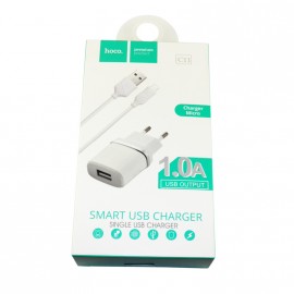 Блок питания сетевой 1 USB HOCO, C11, 1000mA, пластик, с кабелем микро USB, цвет: белый
