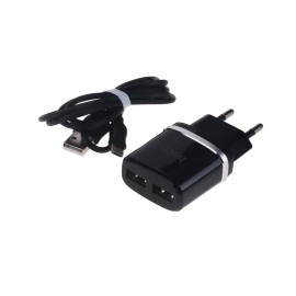СЗУ 2 USB HOCO, C12, 2400mA, пластик, с кабелем микро USB, цвет: чёрный