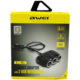 Разветвитель прикуривателя AWEI 3 гнезда + 2 USB (3100mAh) со шнуром (черный)