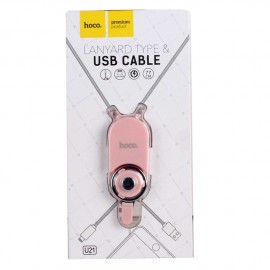 Кабель USB - Apple 8 pin HOCO U21, 0,77м, круглый, 2.1A, ткань, в переплёте, в виде брелка, цвет: розовый