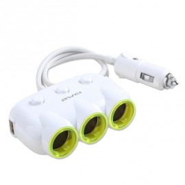 Разветвитель прикуривателя AWEI 3 гнезда + 2 USB (3100mAh) со шнуром (белый)