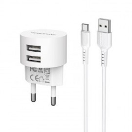 Блок питания сетевой 2 USB Borofone, BA23A, Brilliant, 2100mA, пластик, кабель Type-C, цвет: белый