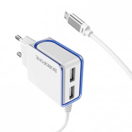 Устройство зарядное сетевое Apple 8 pin, 2 USB Borofone, BA35A, 2100mAh, пластик, кабель 1.0м, цвет: белый