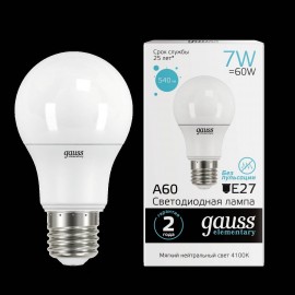 Лампа Gauss LED Elementary A60 7W E27 4100K 1/10/100 акция