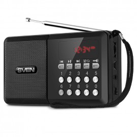 Радиоприемник цифровой SVEN PS -60, черный (3 Вт, FM-тюнер, USB, microSD, LED-дисплей, фонарь, 3xAA, 600мА*ч)
