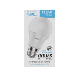 Лампа светодиодная GAUSS Basic A60 11,5W 1090lm 4100K E27 1/10/50