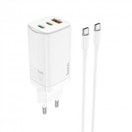 Блок питания сетевой 1 USB, 2 Type-C HOCO, N16, scenery, 2400mA, пластик, QC3.0, 65W, PD3.0, кабель Type-C, цвет: белый