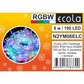 Гирлянда светодиодная ECOLA 220V IP44 Нить 6м 100Led RGBW, 8 режимов, прозр.провод с вилкой (1/30)